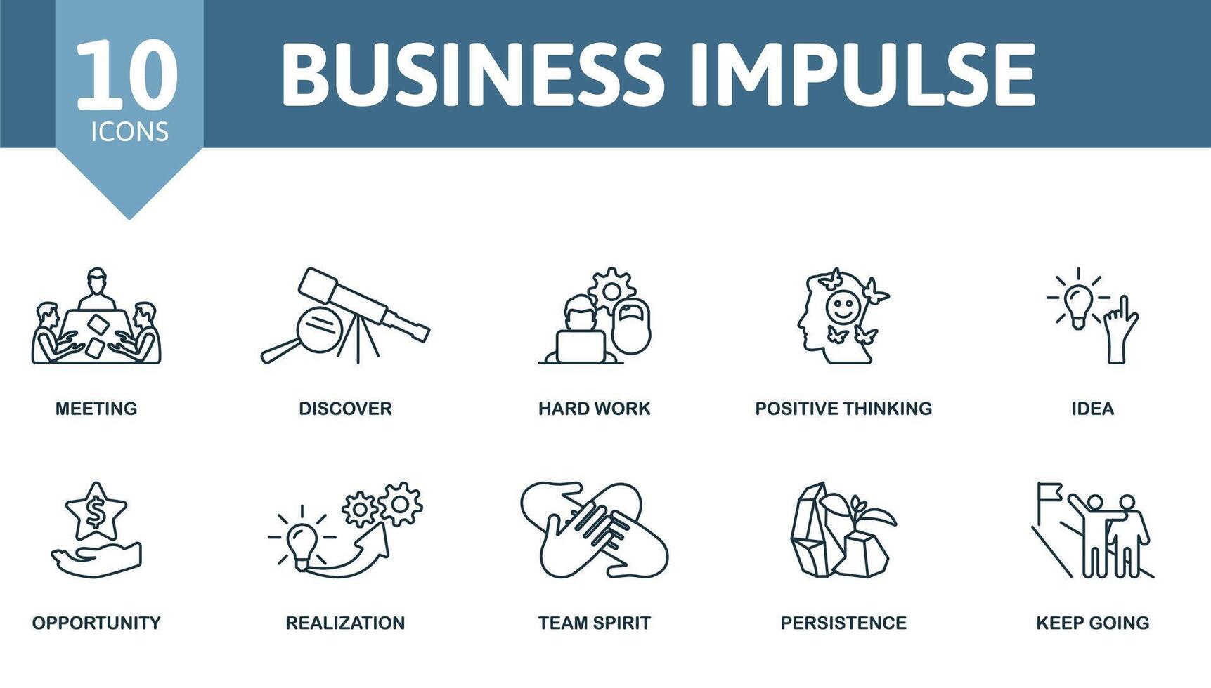 Business Impulse icon set. Monochrome simple Business Impulse icon collection. Meeting, Discover, Hard Work, Positive Thinking, Idea, Opportunity, Realization, Team Spirit, Persistence, Keep Going vector