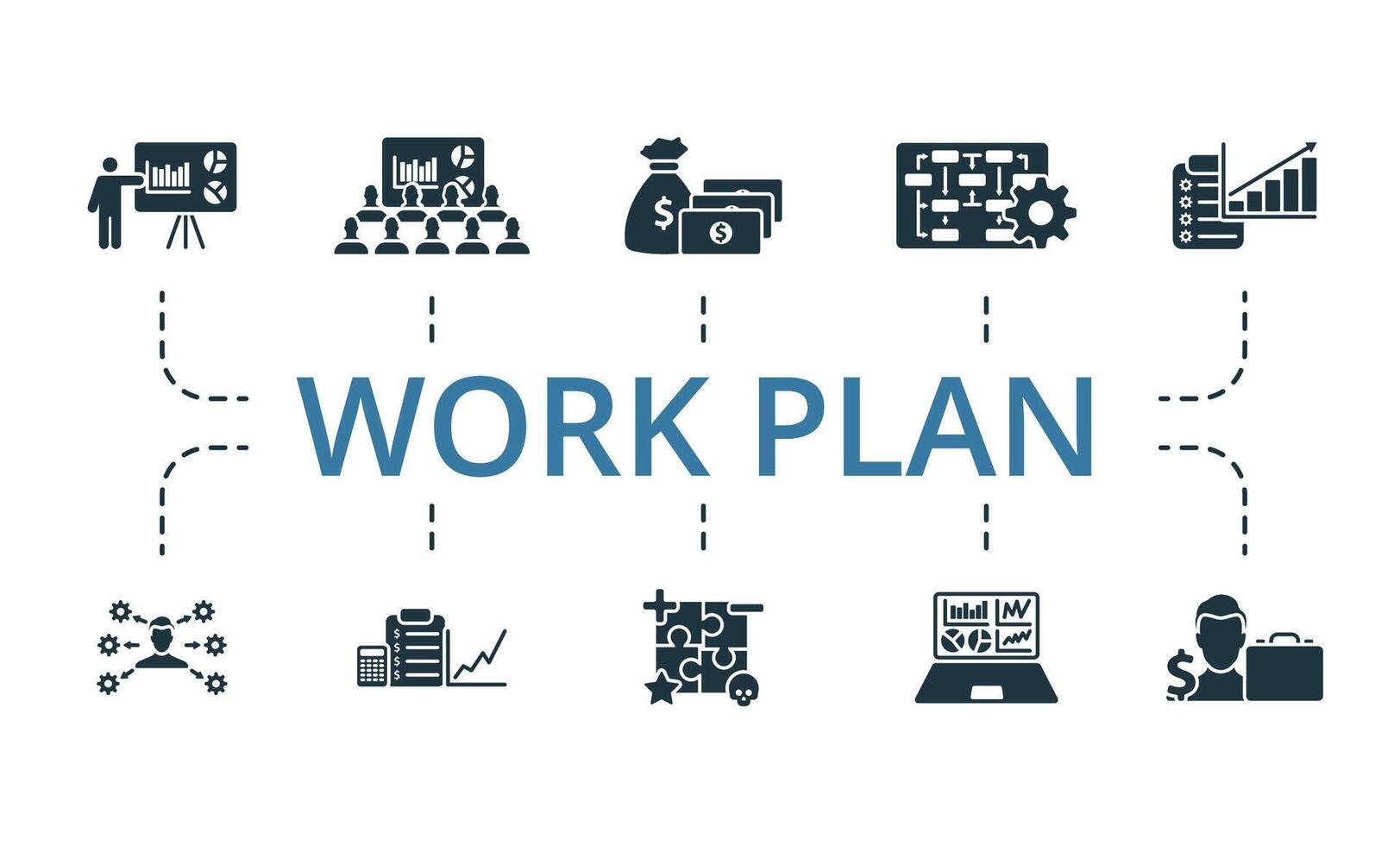 Work Plan icon set. Monochrome simple Work Plan icon collection. Presentation, Audiece, Capital, Business Model, Marketing Plan, Operation Management, Financial Plan, Swot Analysis, Market Analytics vector