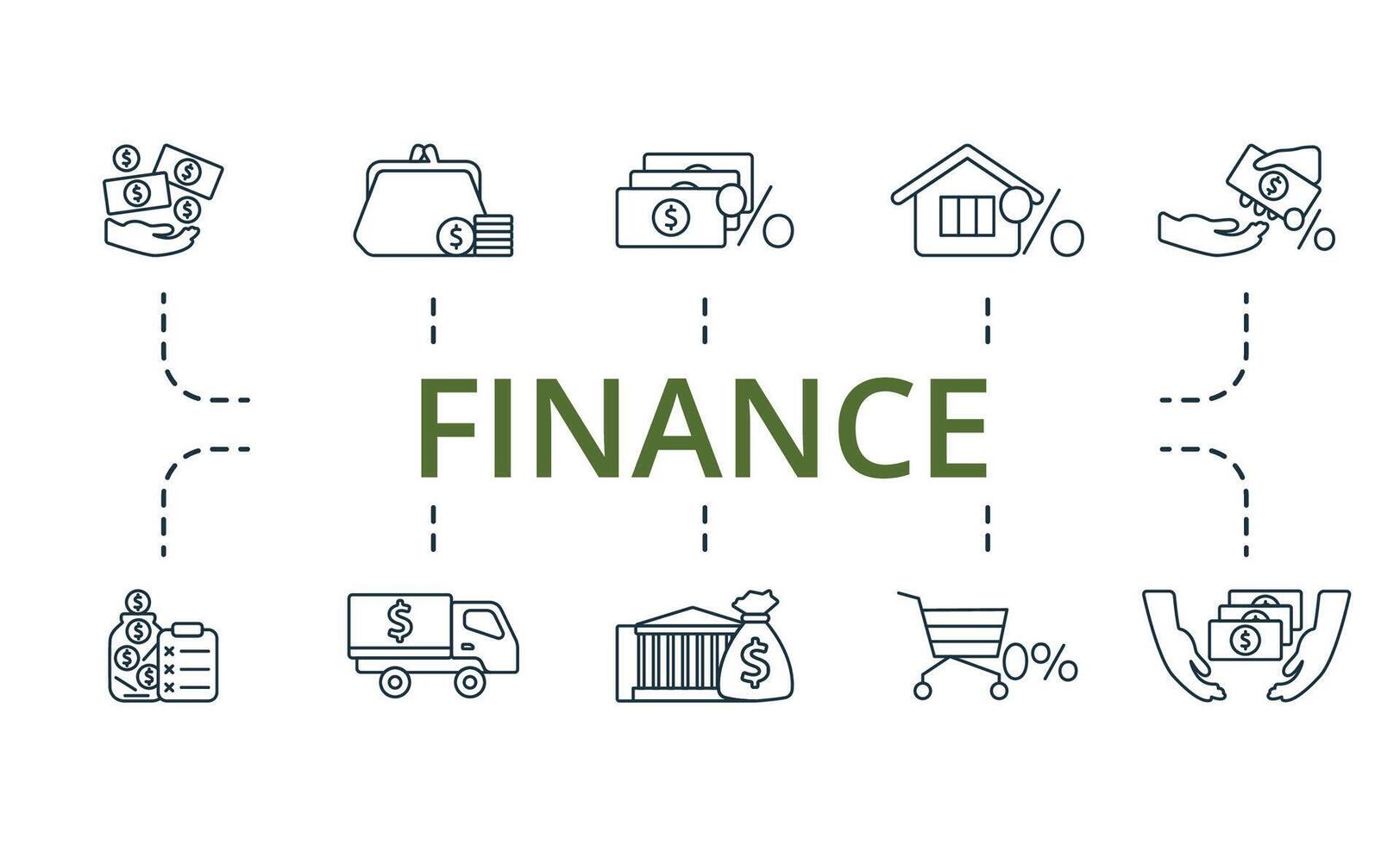 Finance icon set. Monochrome simple Finance icon collection. Income, Purse, Loan, Mortgage, Crediting, Saving Plan, Encashment, Deposit, Installments, Own Funds icon vector