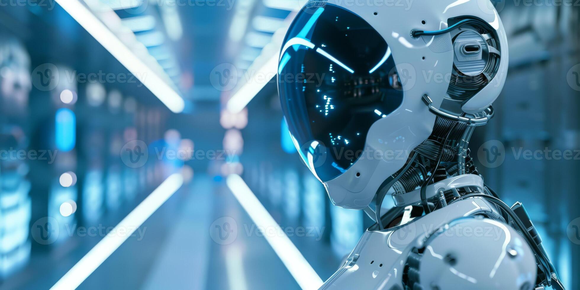 Robot in Sci fi tonnel. Concept of future. 3d rendering. photo