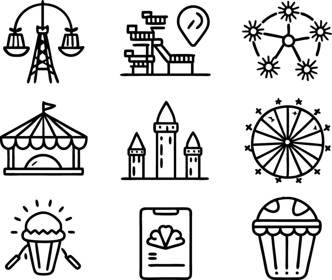 set of amusement icon illustration. park, fun, amusement park, attraction, summer, festival,tourism vector