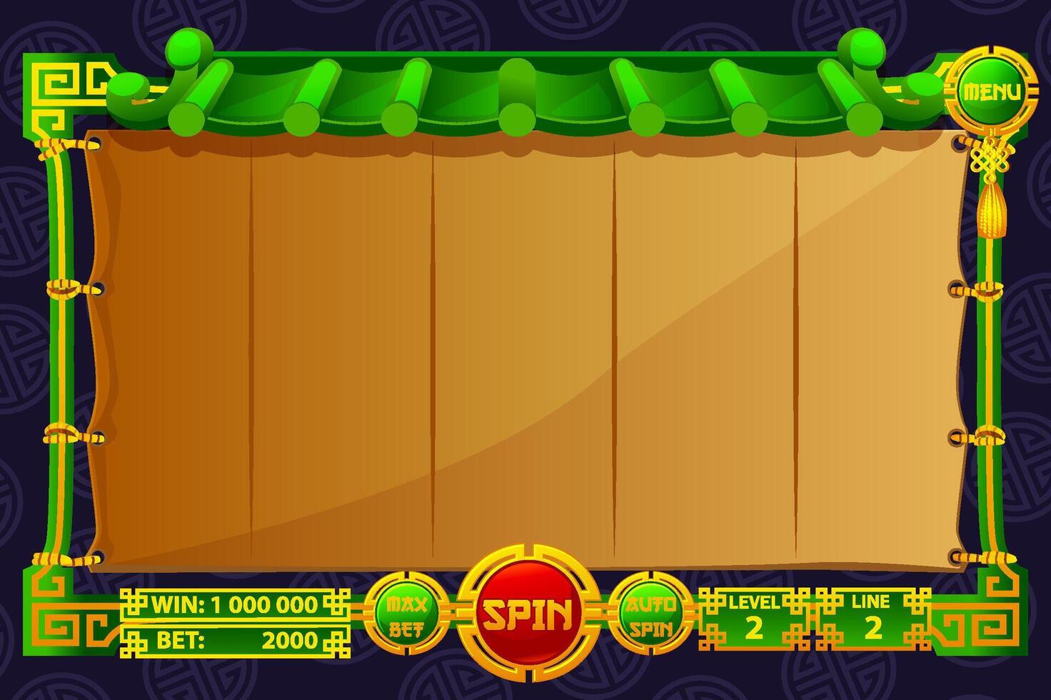 The game user interface is cartoon-style with basic buttons for your designs. Casino slot machine game UI design for the Chinese-themed Casino Game. vector