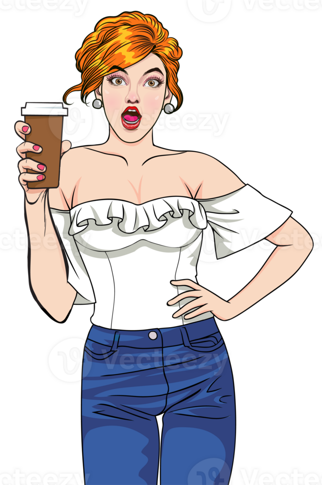 pop art comics cartoon expression character with cup of coffee,beverage png