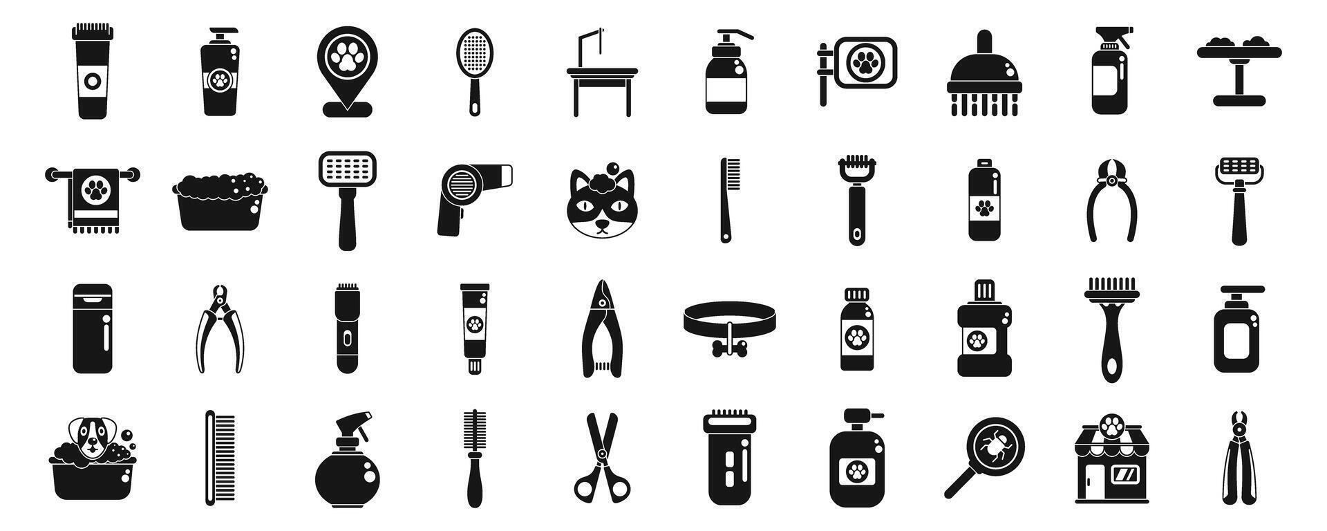 Pet grooming icons set. Pet grooming tools and equipment for washing brushing and drying vector