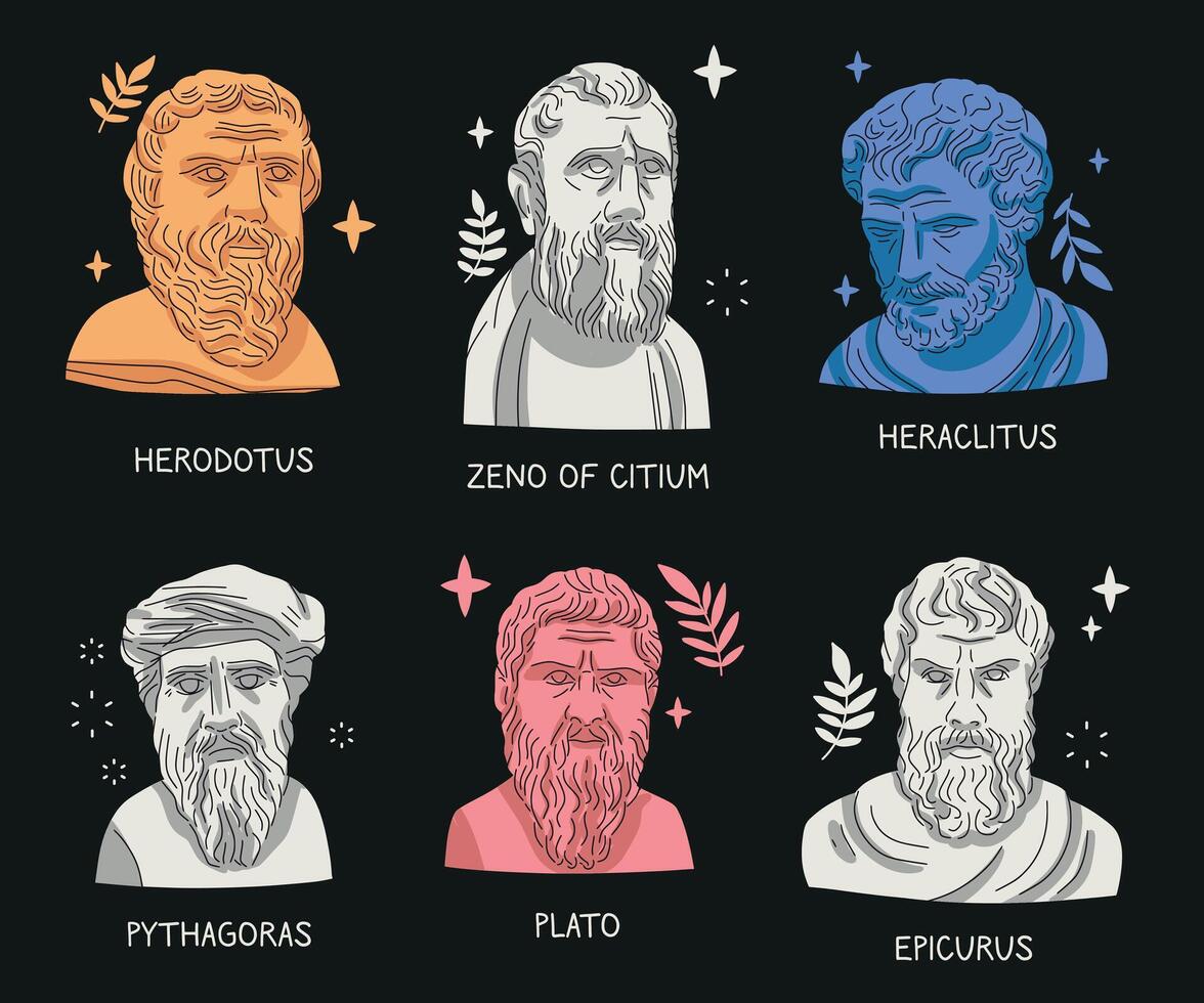 Bust statues of famous antique Greek philosophers, real portraits, illustration. Herodotus, Zeno of Citium, Heraclitus, Pythagorus, Plato, Epicurus vector