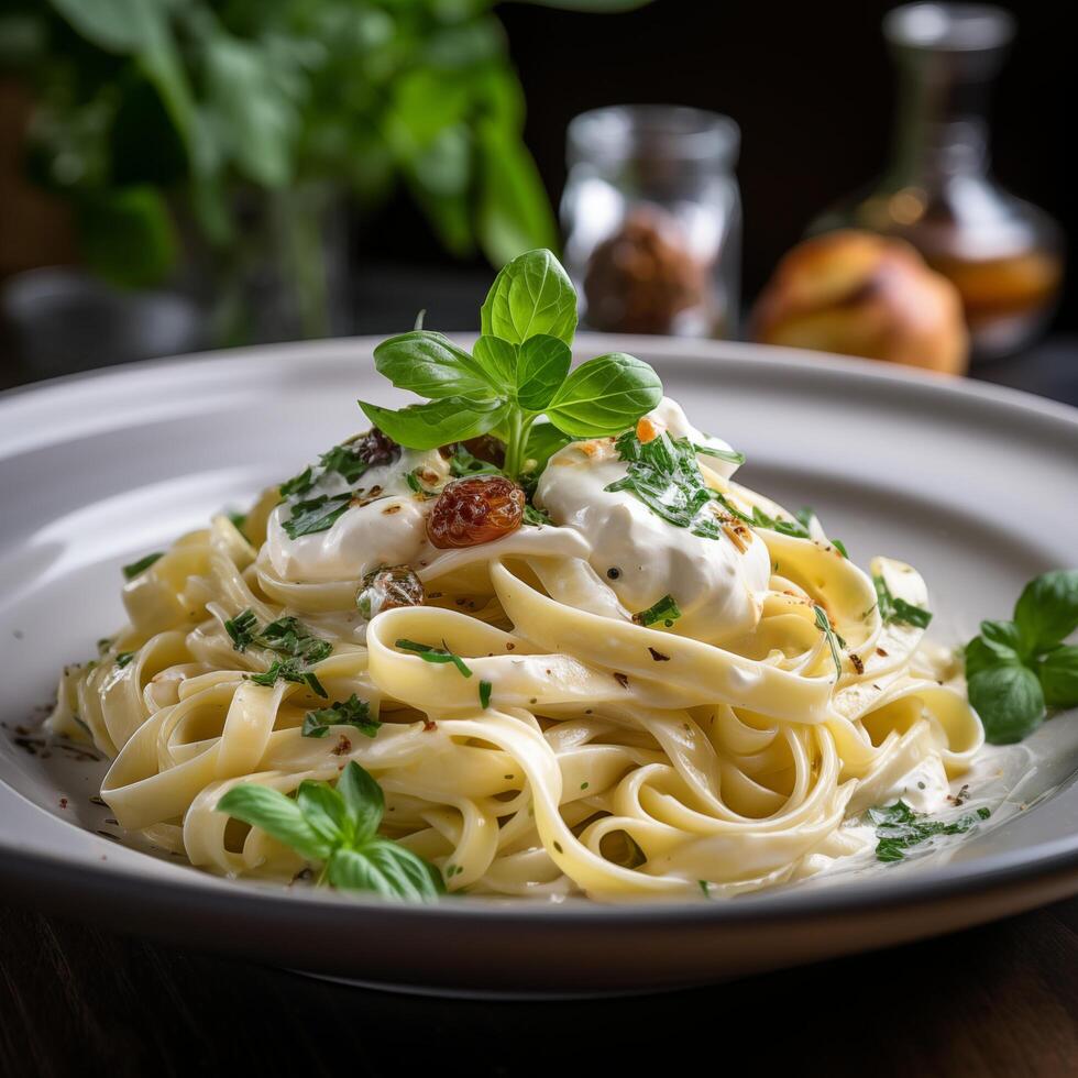 Plate with linguini with white souce, Italian food. Photo for restaurant menu, advertising, delivery, banner