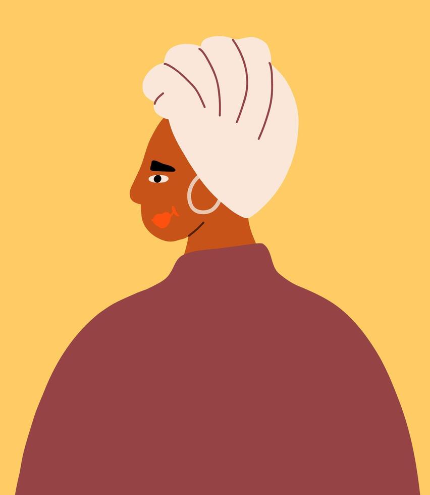 Afro woman in beautiful white turban. Profile portrait of female cartoon character. The concept of tolerance for BLM. Flat illustration isolated on yellow background. vector