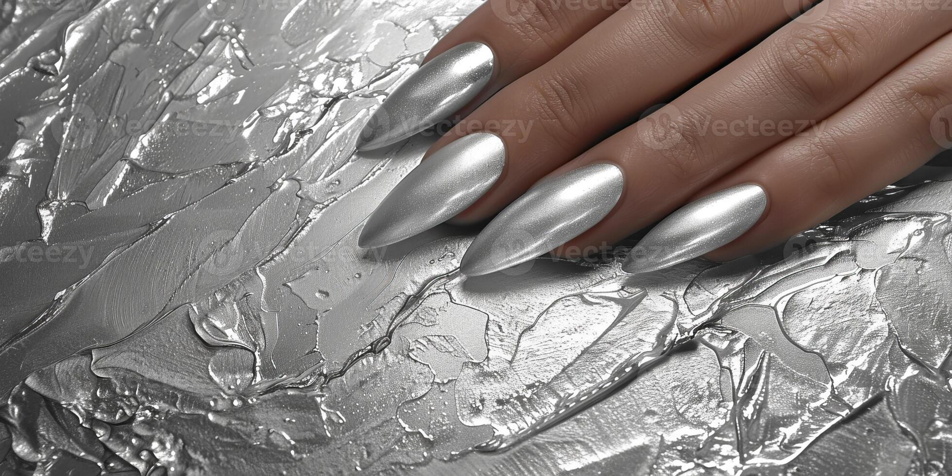 Chrome modern y3k metallic manicure hand close up photo