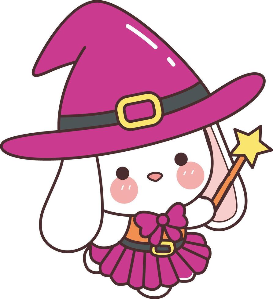 A bunny with violet witch costume. Illustration of cute bunny with costume. Funny bunny ehalloween outfit elements. Icon of bunny animal for sticker. vector