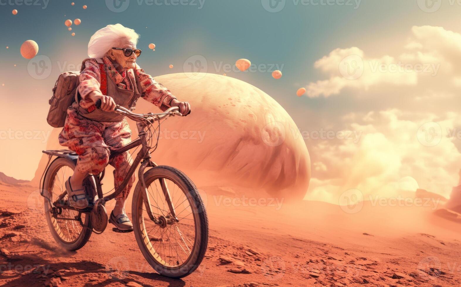 A futuristic depiction shows an elderly woman cycling across the surface of the moon, blending imagination, exploration, and the concept of space-age transportation.Generated image photo