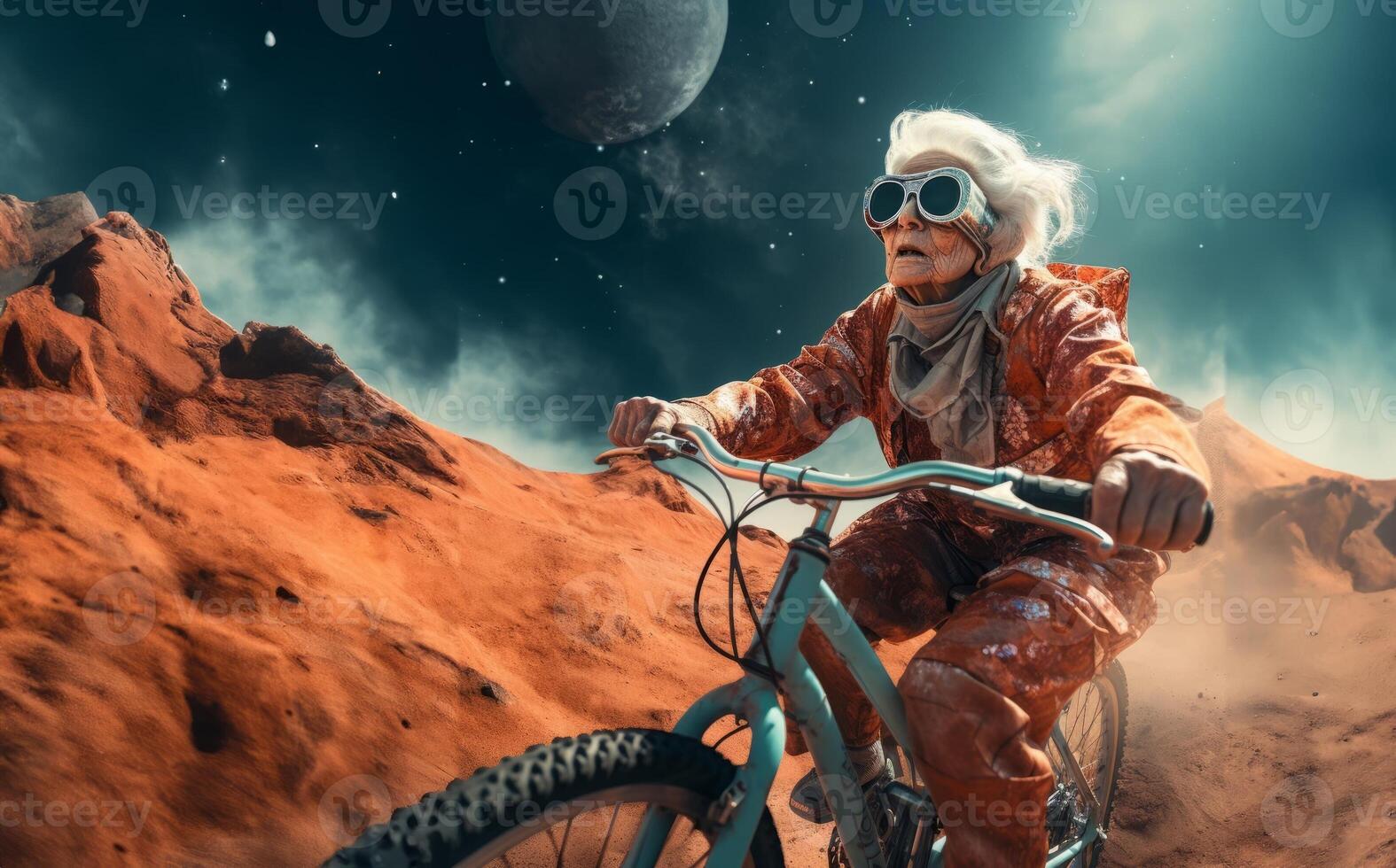 A futuristic depiction shows an elderly woman cycling across the surface of the moon, blending imagination, exploration, and the concept of space-age transportation.Generated image photo