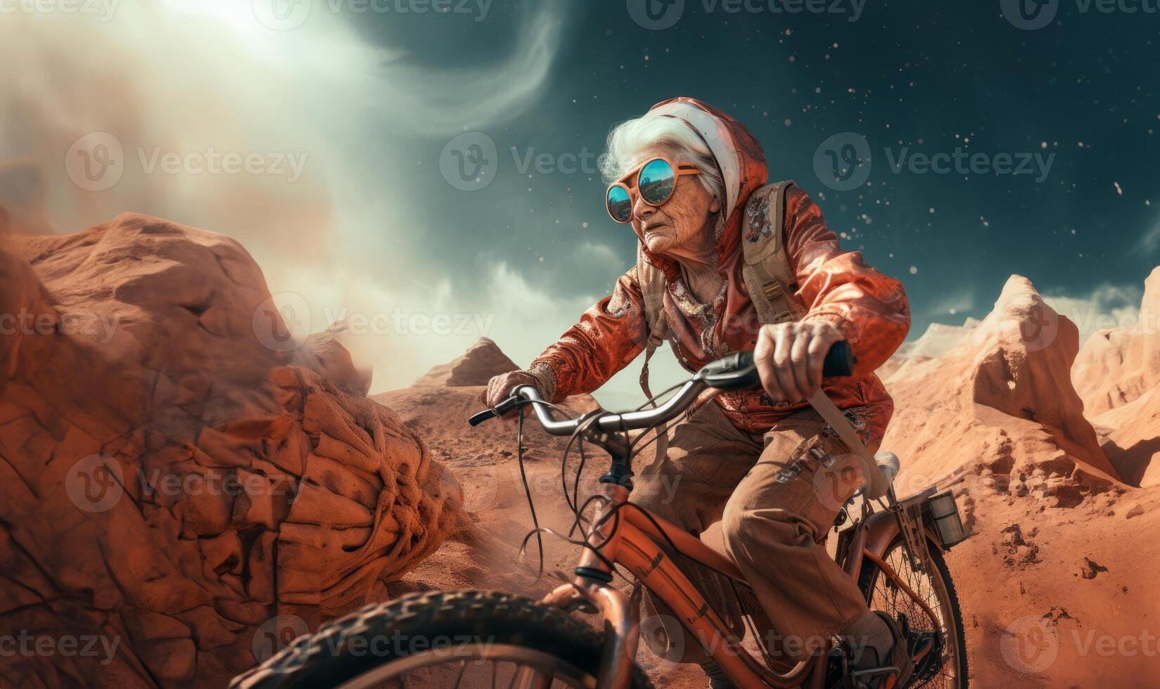A futuristic depiction shows an elderly woman cycling across the surface of the moon, blending imagination, exploration, and the concept of space-age transportation.Generated image photo