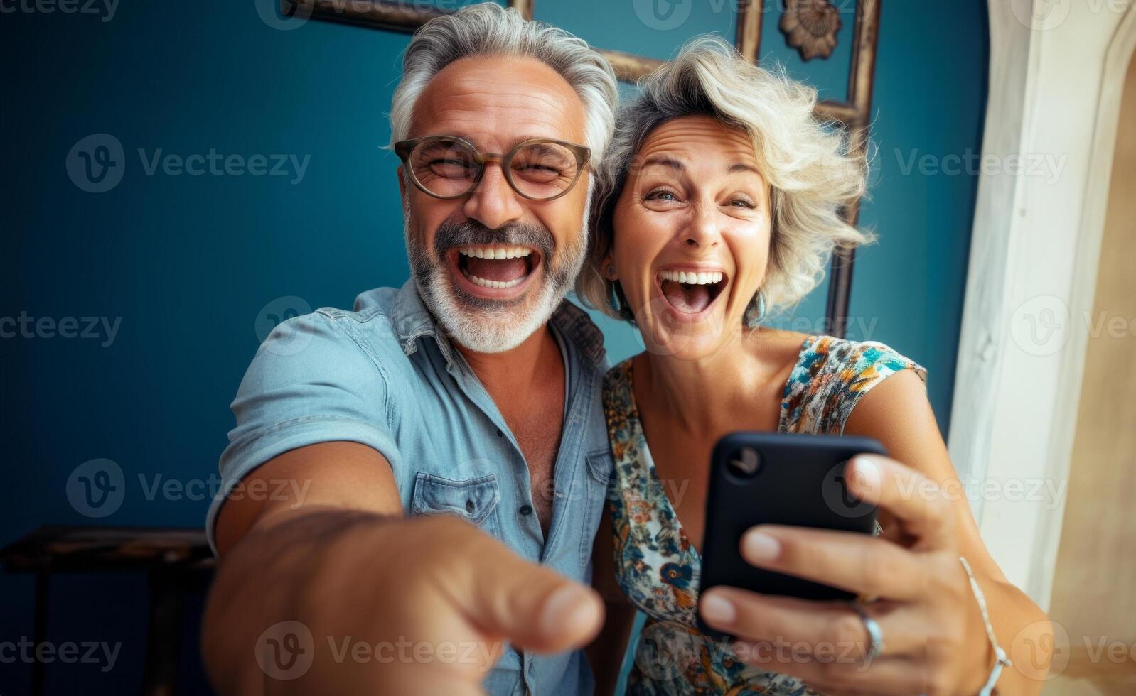 An elderly couple captures joyful moments at home using a smartphone, embracing modern technology for shared memories and social media moments.Generated image photo