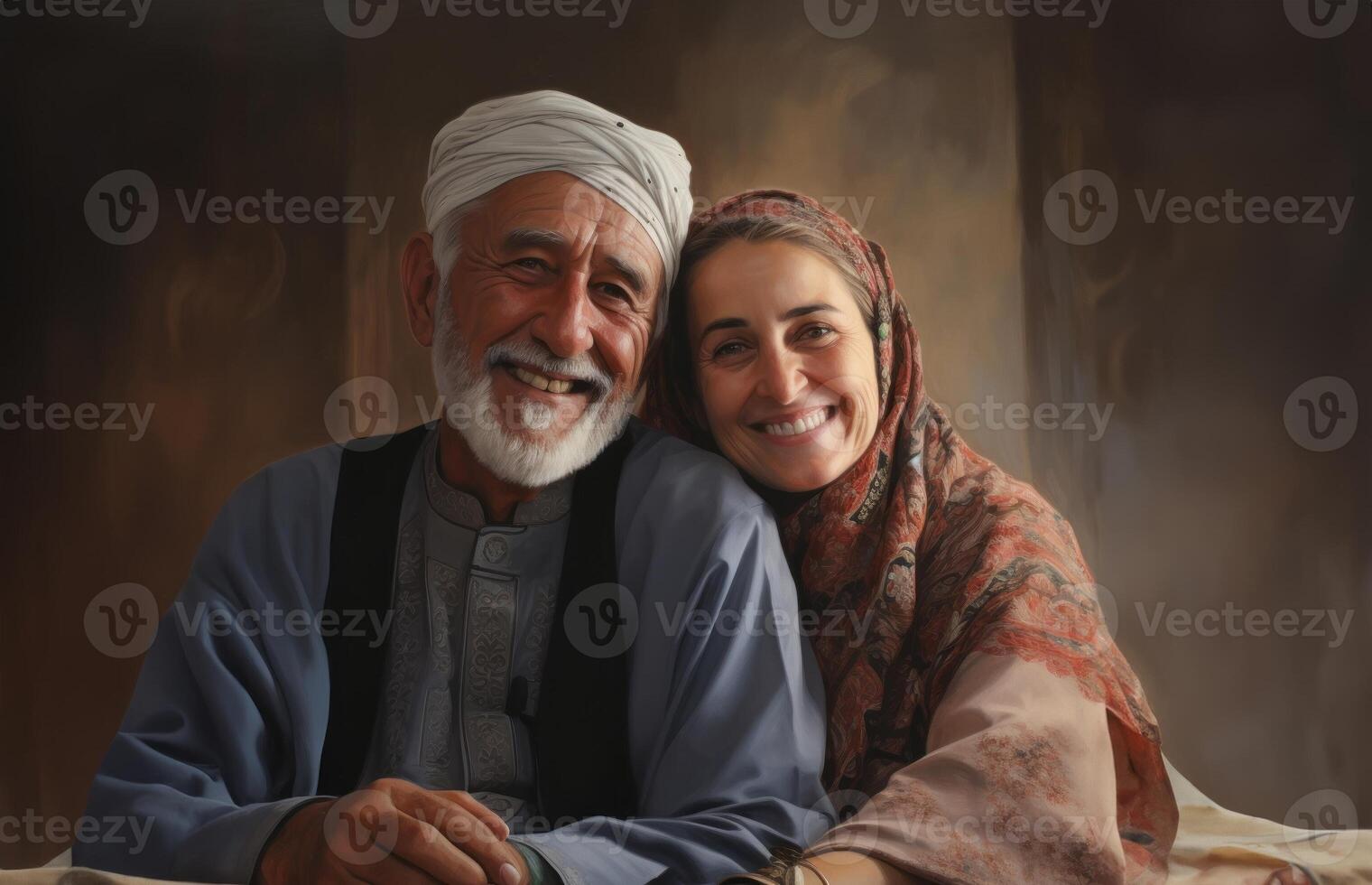 A traditional elderly Islamic couple embraces the joy of Ramadan, embodying the cultural richness and spiritual connection during the sacred days of celebration.Generated image photo