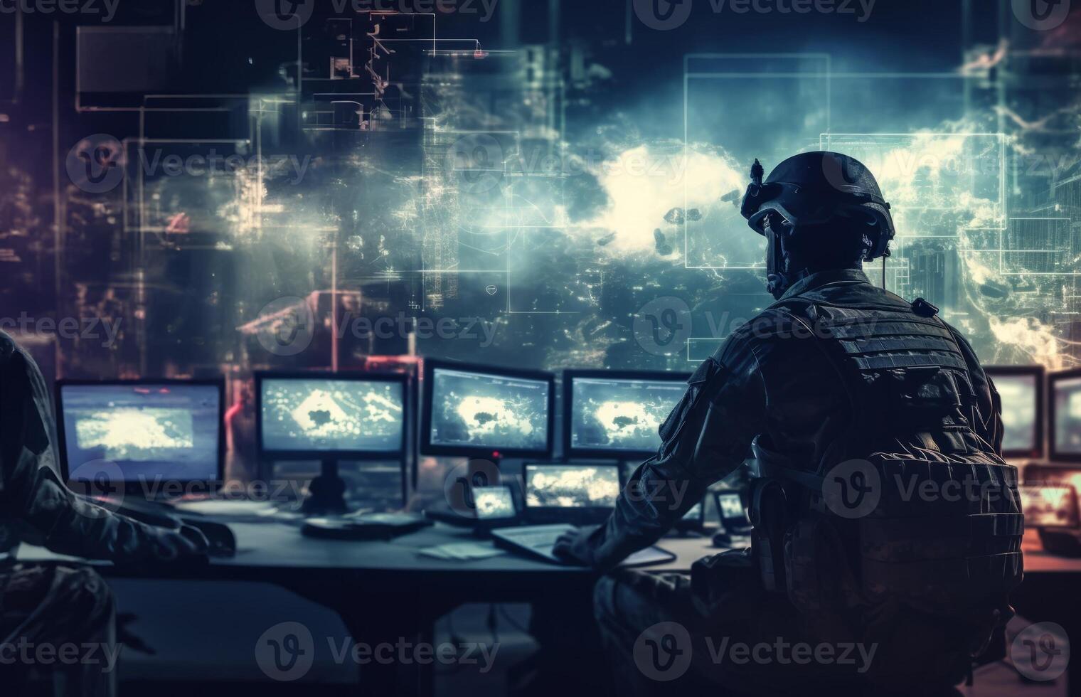 Techno-Warfare Professional Soldier Engaged with Combat Holograms on Computer.Generated image photo