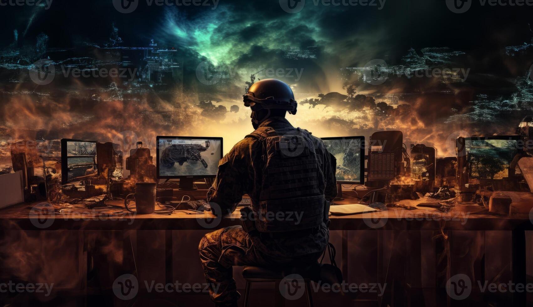 Techno-Warfare Professional Soldier Engaged with Combat Holograms on Computer.Generated image photo