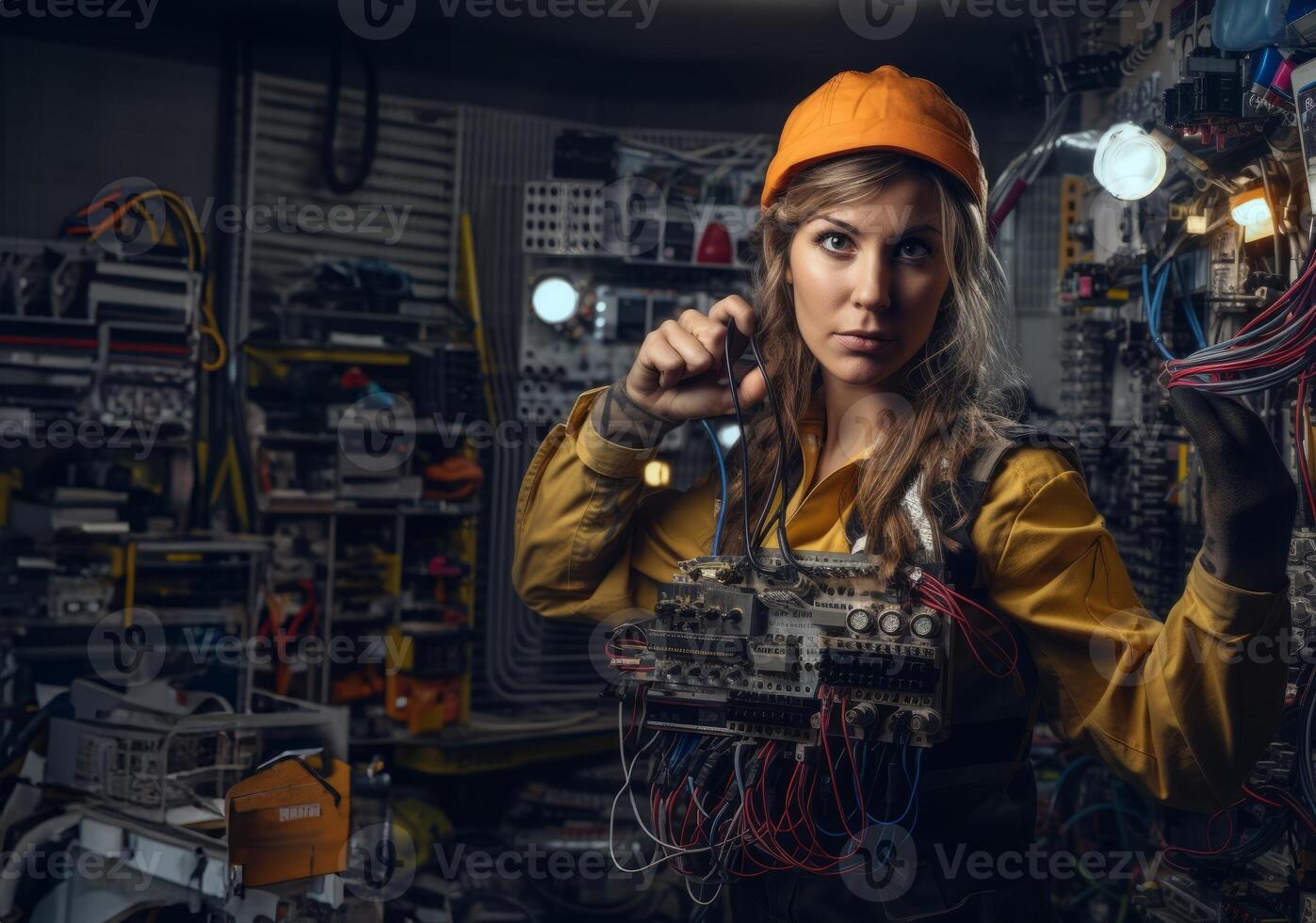 Woman Working in Electronics Service Surrounded by Modern Computers and Cables.Generated image photo