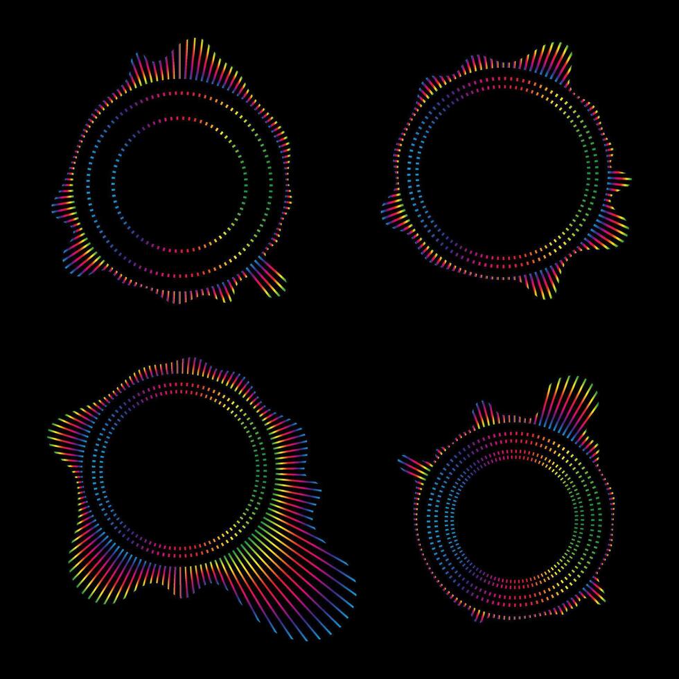 Music equalizers and sound waves. set of radial curves spectrum of radio wave oscillations. Multicolored neon sound wave of audio circles vector