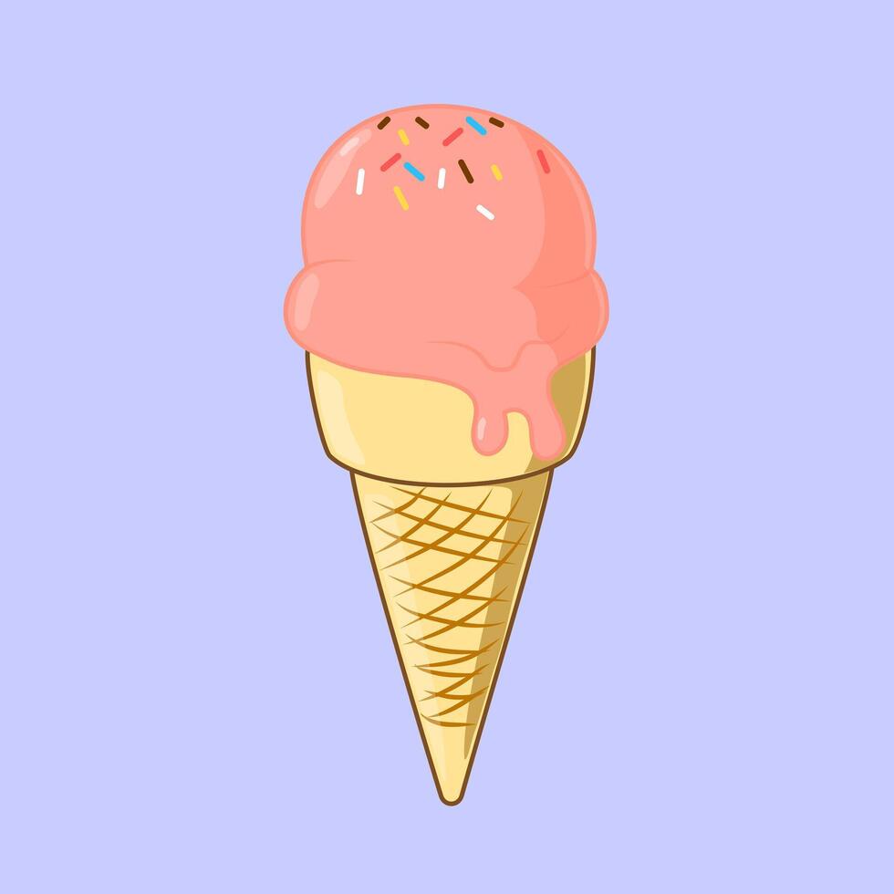 An ice cream cone with sprinkle topping, isolated on a milky-purple background. vector
