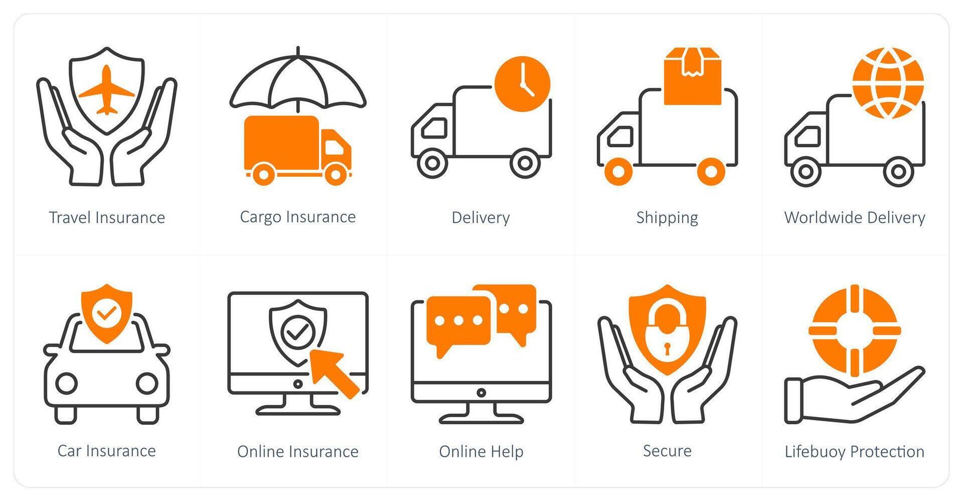 A set of 10 Mix icons as travel insurance, cargo insurance, delivery vector