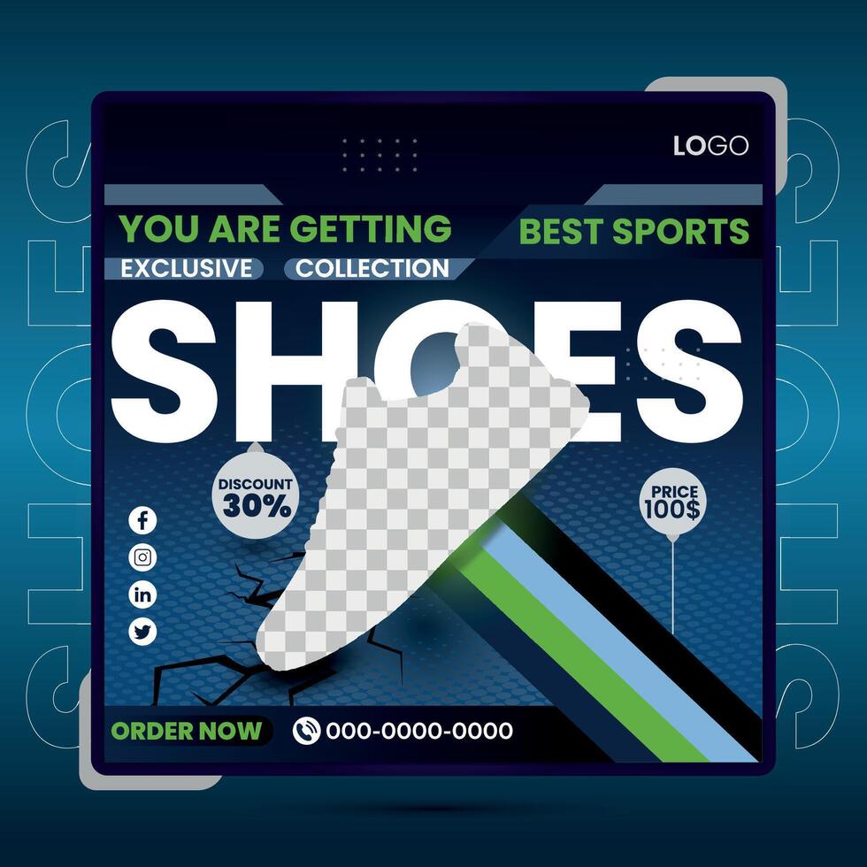 Sports shoe social media template for a square banner design. vector