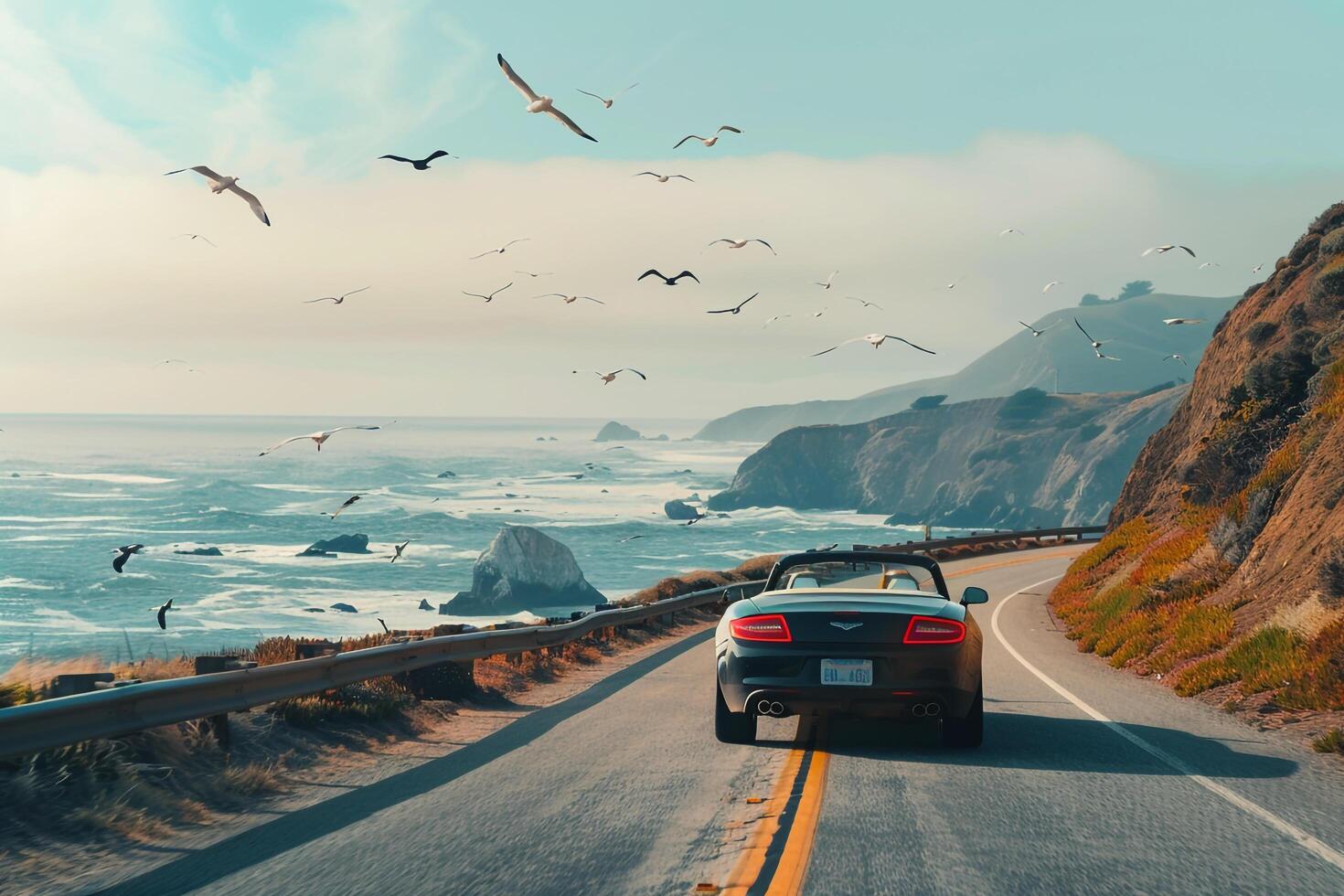 Freedom Convertible driving along scenic coastal road with cliffs overlooking the ocean and seagulls flying overhead background photo