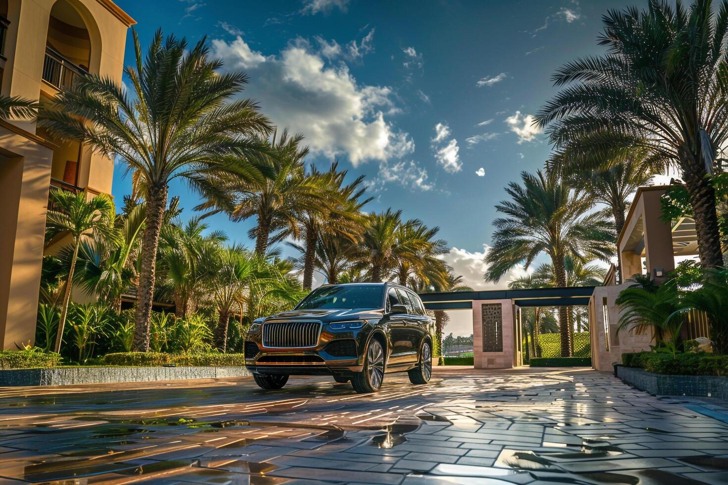 Luxury Full size crossover parked at luxurious resort entrance with valet service and palm trees lining the driveway showcasing the resort background photo