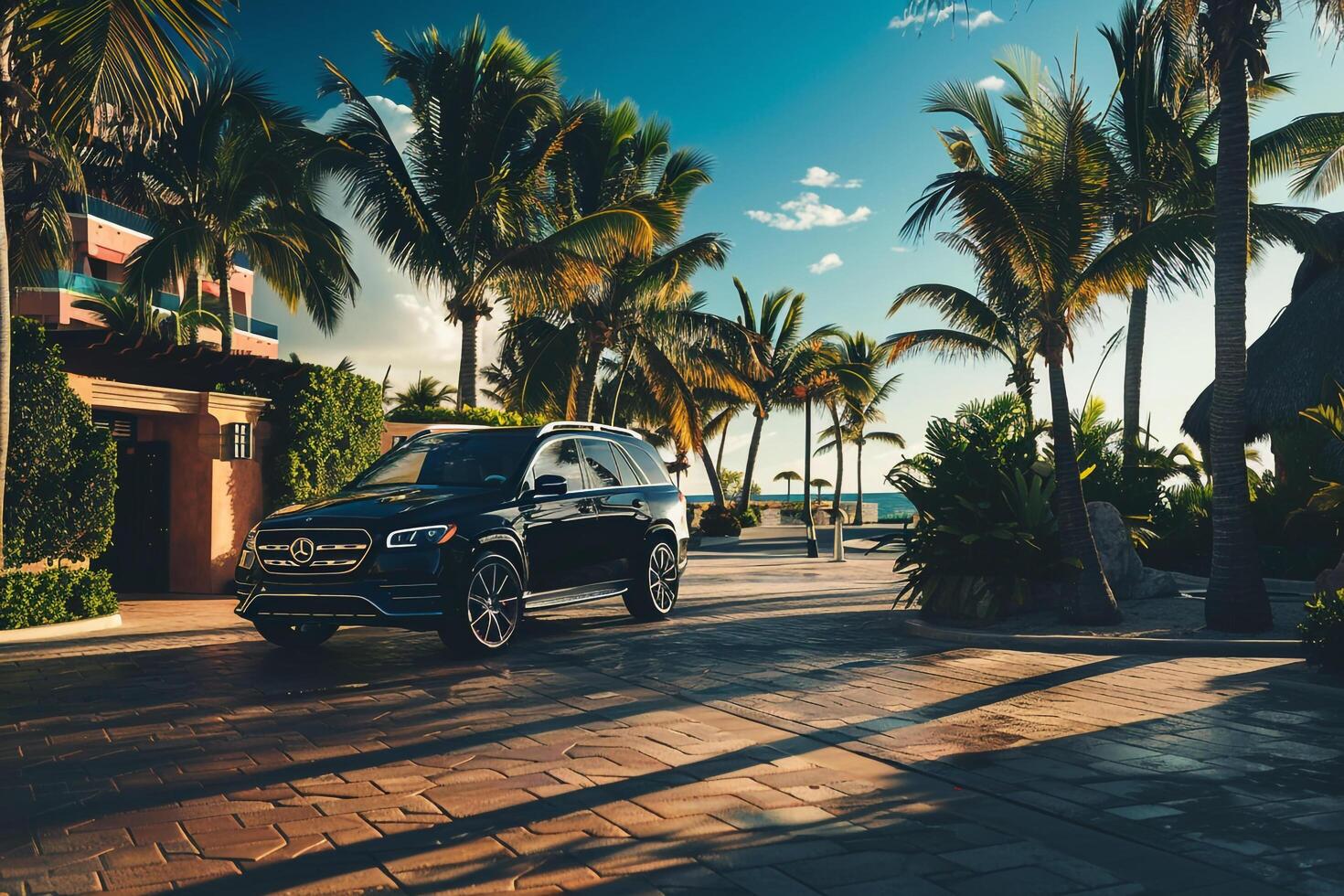 Luxury Full size crossover parked at luxurious resort entrance with valet service and palm trees lining the driveway showcasing the resort background photo
