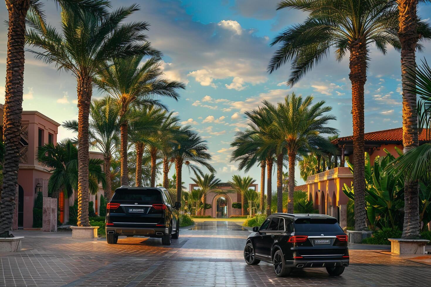 Luxury Full size crossover parked at luxurious resort entrance with valet service and palm trees lining the driveway showcasing the resort background photo