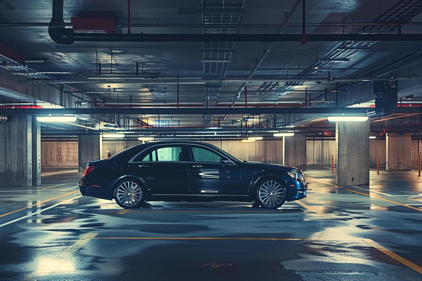 Luxury Luxury sedan parked in an upscale urban parking garage with ambient lighting emphasizing its sleek lines and background photo