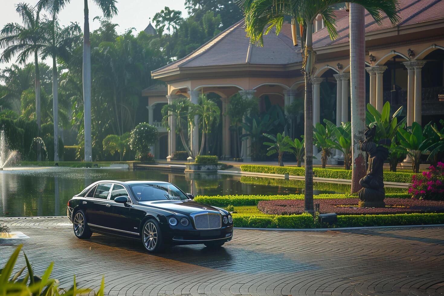 Luxury sedan parked in front of private villoverlooking serene lake with lush gardens and fountain photo
