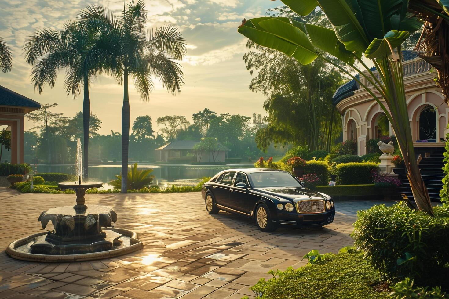 Luxury sedan parked in front of private villoverlooking serene lake with lush gardens and fountain photo