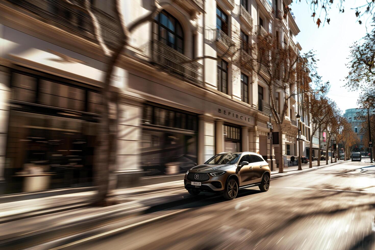 Prestige Luxury crossover driving through chic city boulevard lined with designer boutiques and stylish cafes photo