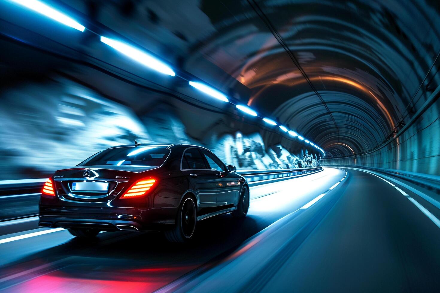 Reliability Mid size sedan driving through mountain tunnel with illuminated walls and sense of adventure ahead photo