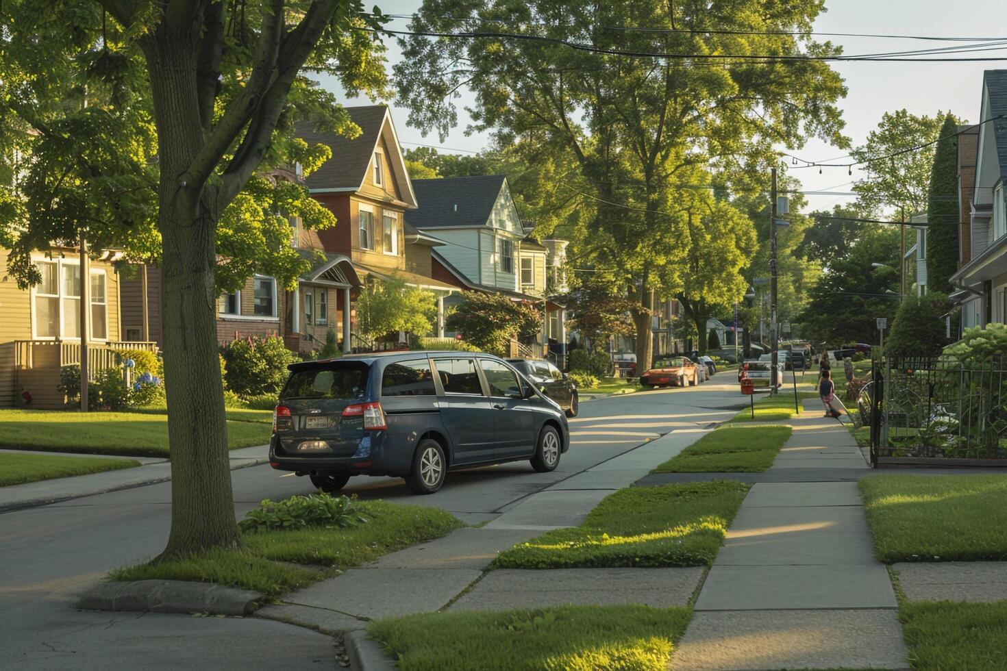 Safety Family minivan driving through residential neighborhood with speed bumps and children playing on sidewalks photo