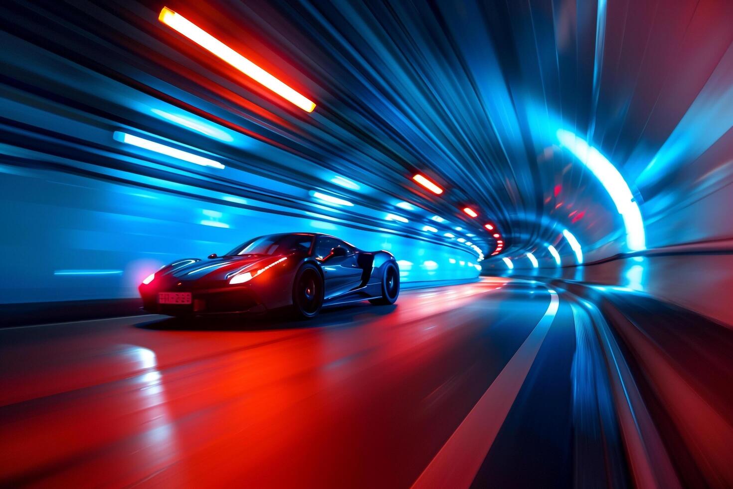 Speed Supercar speeding through an urban tunnel with  and vibrant tunnel lights photo