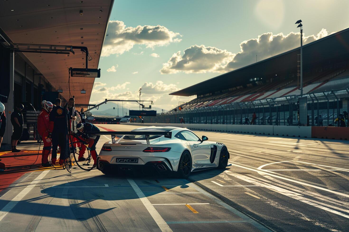 Speed Coupe parked at modern race track pit lane with mechanics working on the car during high speed racing event photo