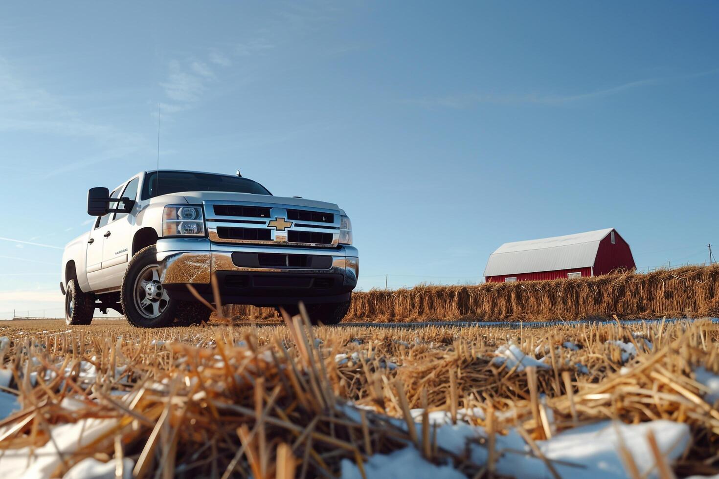 Strength Pickup truck parked on farm with haystacks and barn in the background under clear blue sky photo