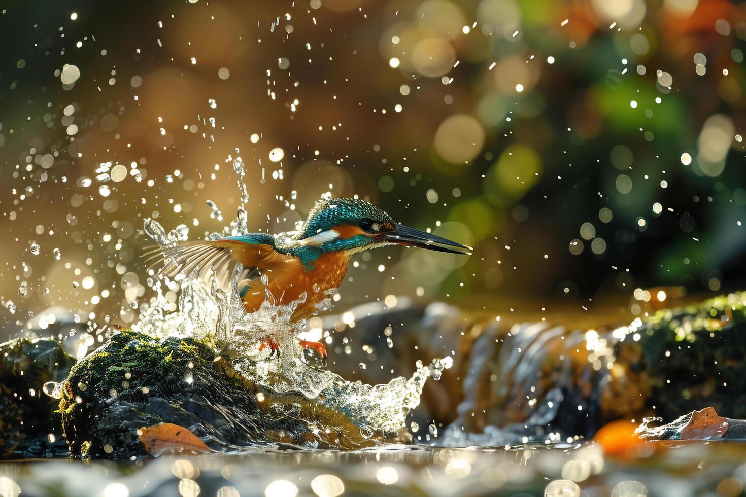 Avian Kingfisher diving into crystal clear stream in spring with background photo