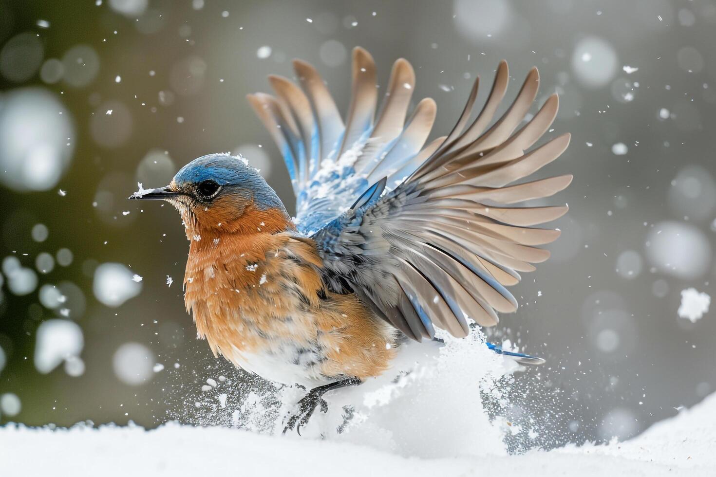 Avian Playful Eastern bluebird playing in the snow flapping wings energetically photo