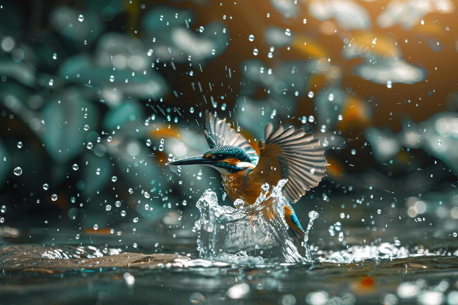 Avian Kingfisher diving into crystal clear stream in spring with background photo