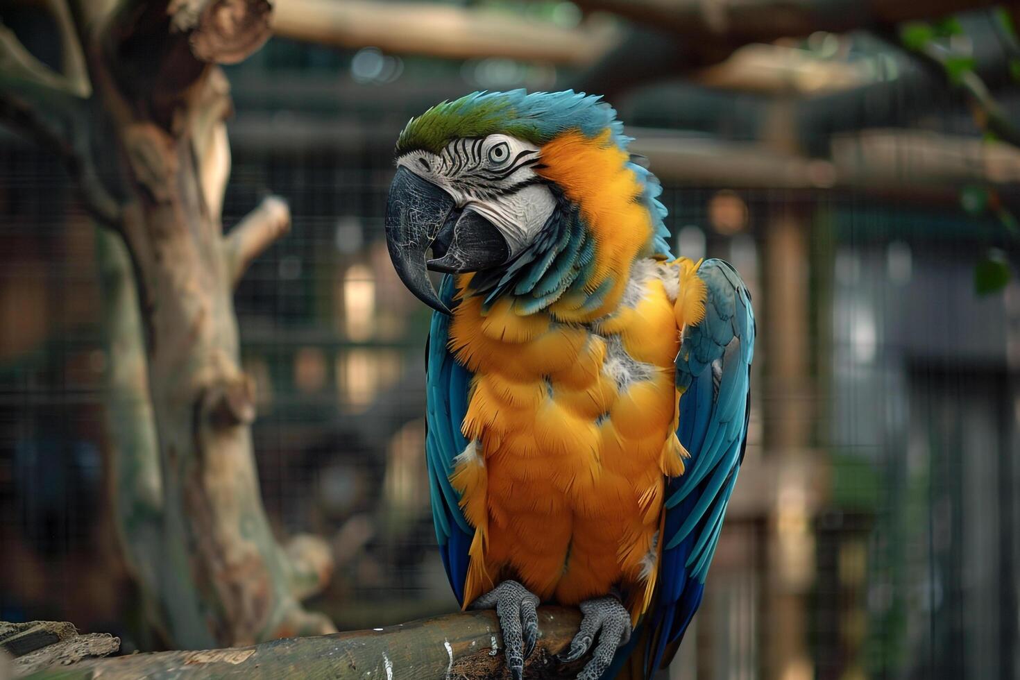 colorful parrot investigating new toy in its aviary with nature background feathers ruffled with curiosity photo