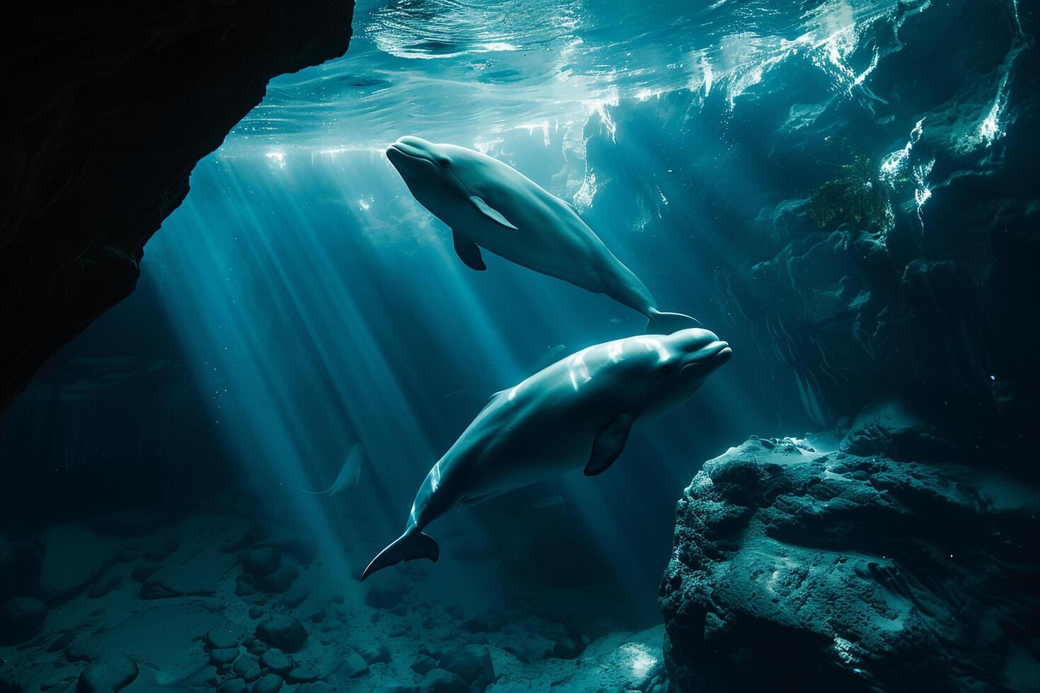 Abstract Background Arctic WildlifeBelugwhales swimming in surreal icy blue underwater cave with shafts of sunlight filtering through cracks photo