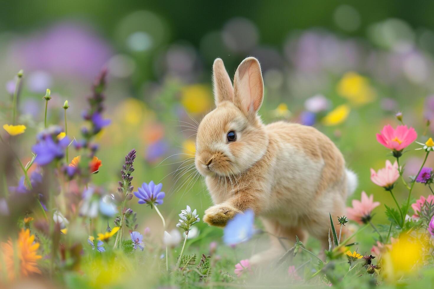 Playful Background Holland Lop rabbit hopping joyfully through meadow of wildflowers cotton tail bobbing in the breeze photo