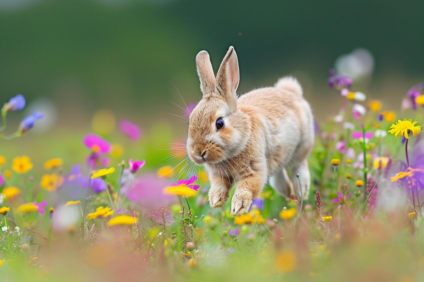 Playful Background Holland Lop rabbit hopping joyfully through meadow of wildflowers cotton tail bobbing in the breeze photo