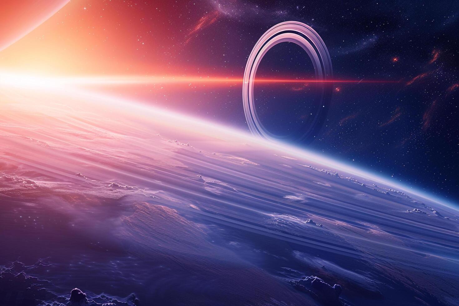 Cosmic Background Spacecraft orbiting distant planet with rings capturing the majestic of the cosmic rings against the  of stars photo
