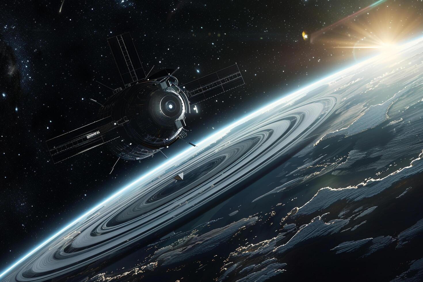 Cosmic Background Spacecraft orbiting distant planet with rings capturing the majestic of the cosmic rings against the  of stars photo