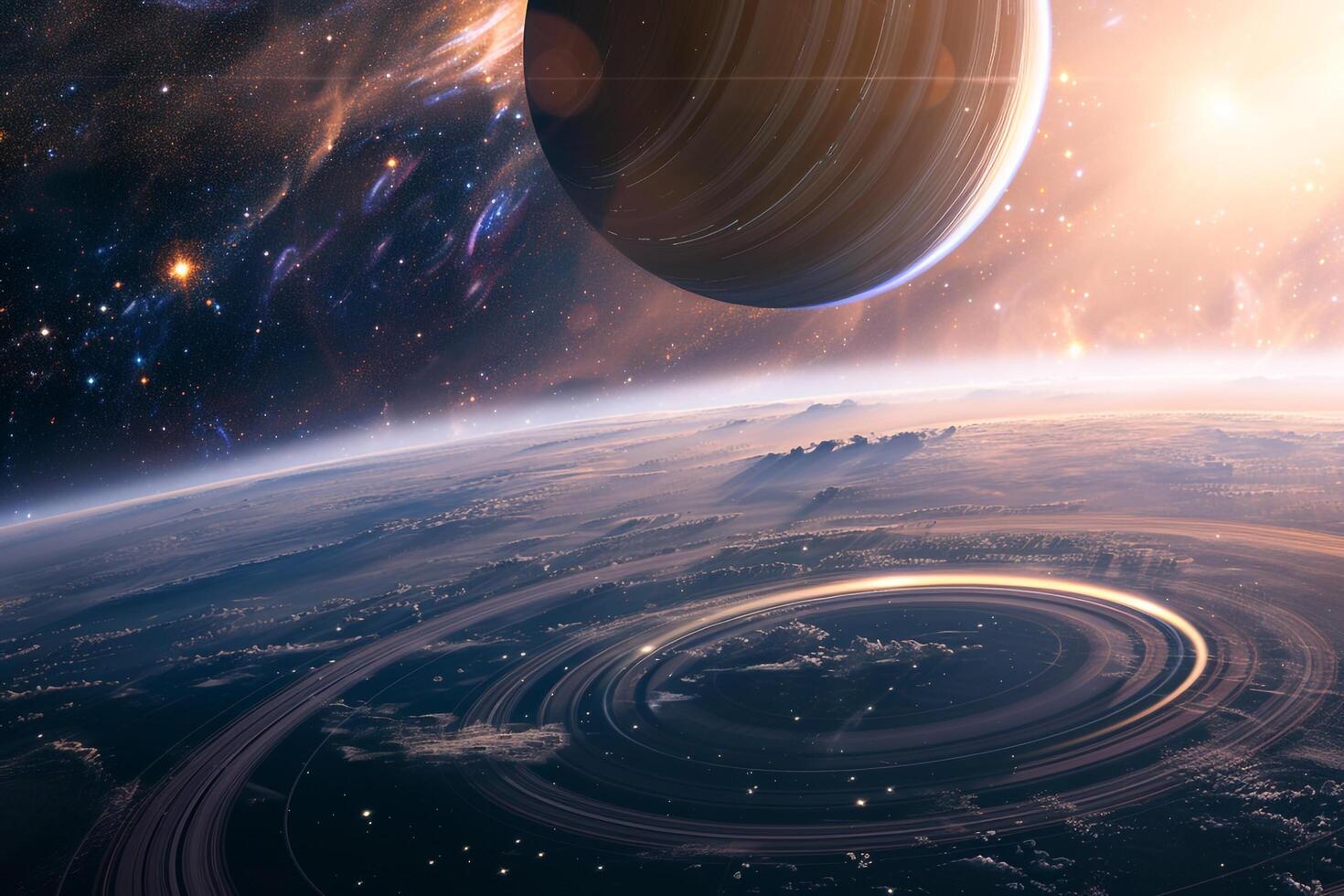 Cosmic Background Spacecraft orbiting distant planet with rings capturing the majestic of the cosmic rings against the  of stars photo