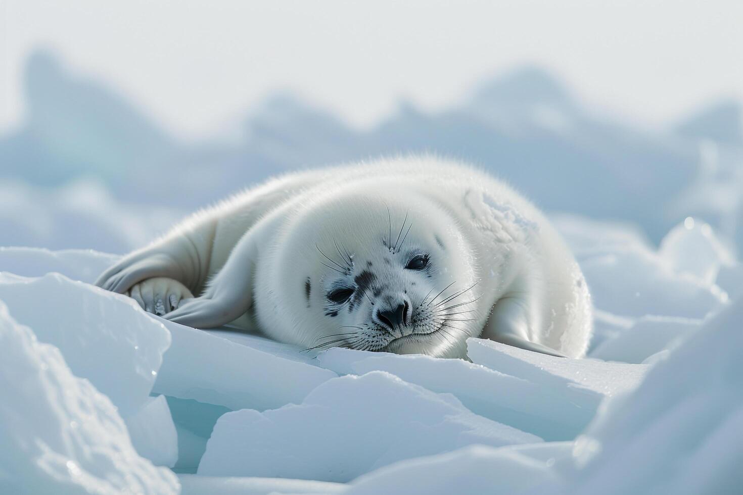 Vulnerable Nature of harp seal pup resting on an ice floe with its white fur blending into the snowy  background photo