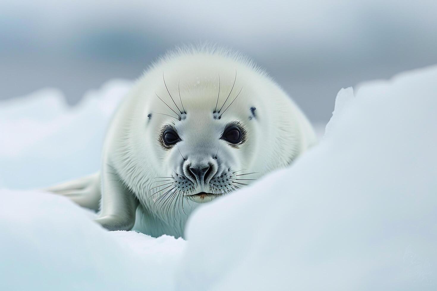 Vulnerable nature of harp seal pup resting on an ice floe with its white fur blending into the snowy  background photo